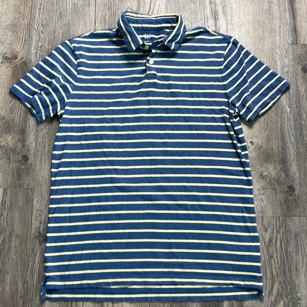 GAP Mens Blue & Yellow Striped Short Sleeve Polo Tee, size medium.